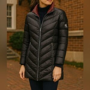 Lauren Ralph Lauren Burgundy Packable Puffer Coat Women Size Small Luxury Casual